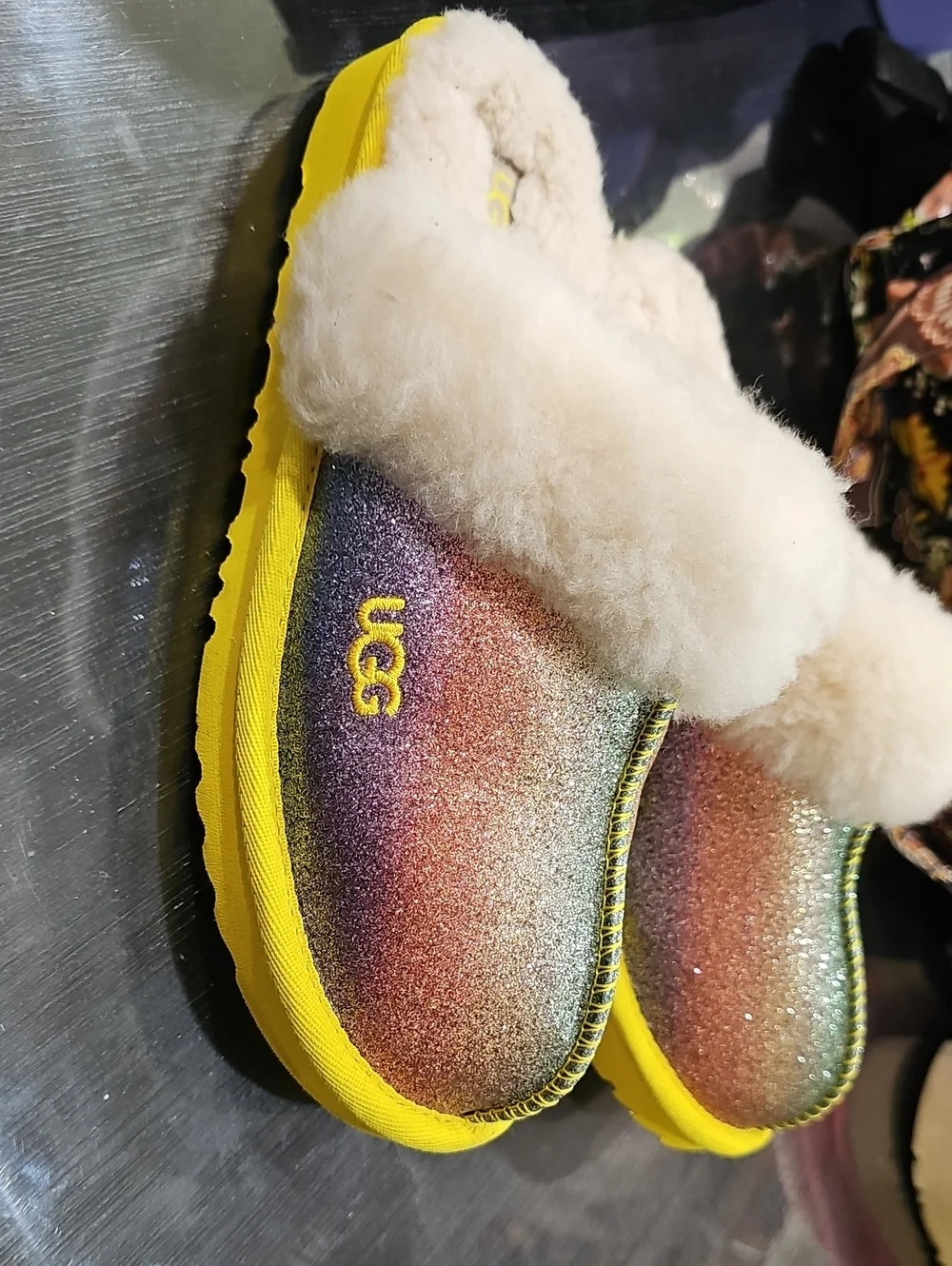 UGG Kids Rainbow Glitter Slip-On Clog with Yellow Sole